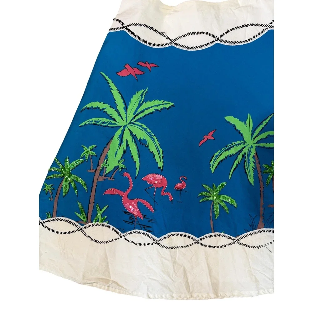 Basil & Maude Florida Souvenir Map‎ Skirt Sequin Flamingo Tropical Blue White 10